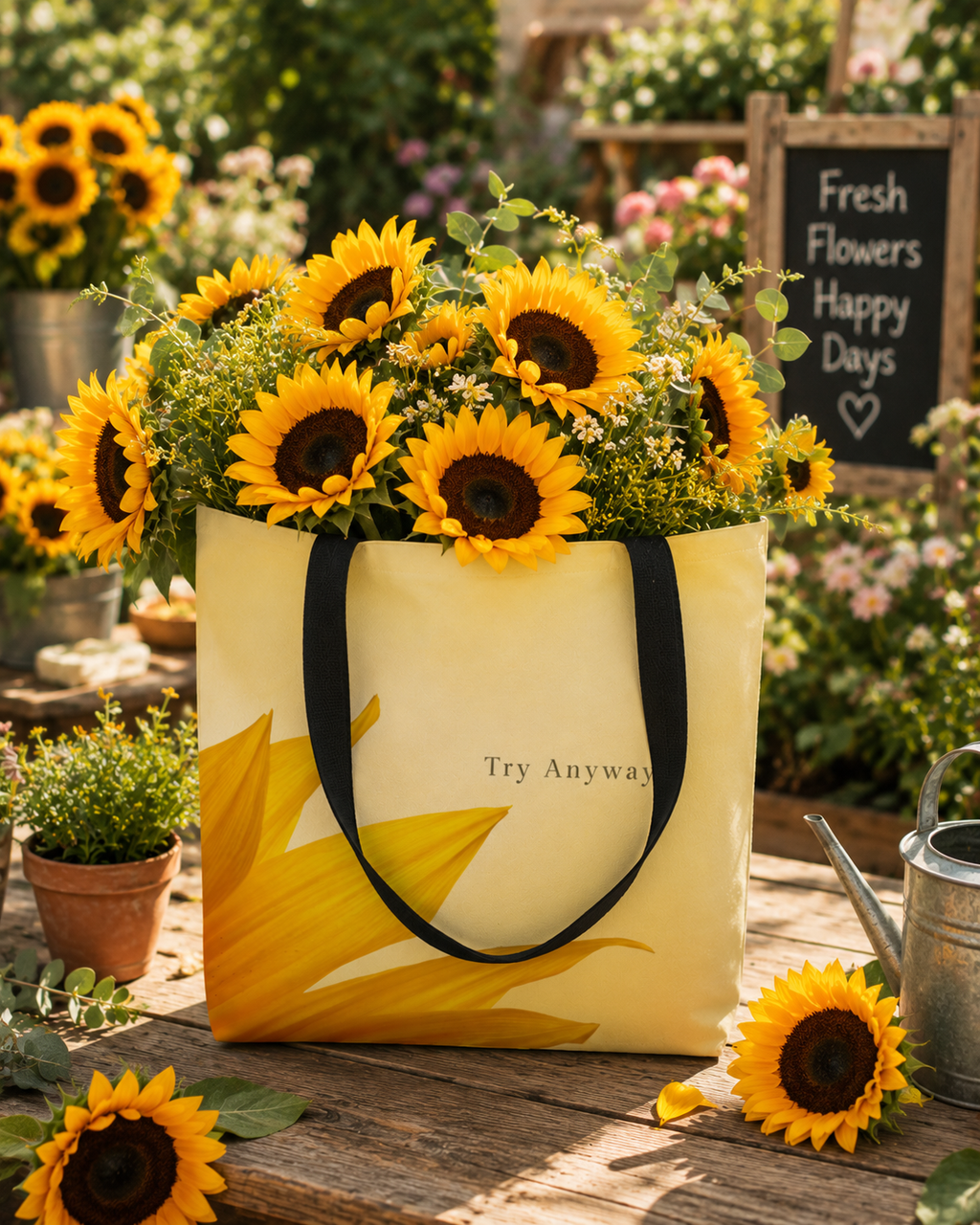 Try Anyway Sunflower Tote Bag | Inspirational Floral Tote