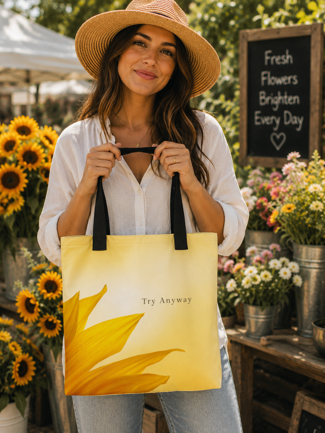 Try Anyway Sunflower Tote Bag | Inspirational Floral Tote