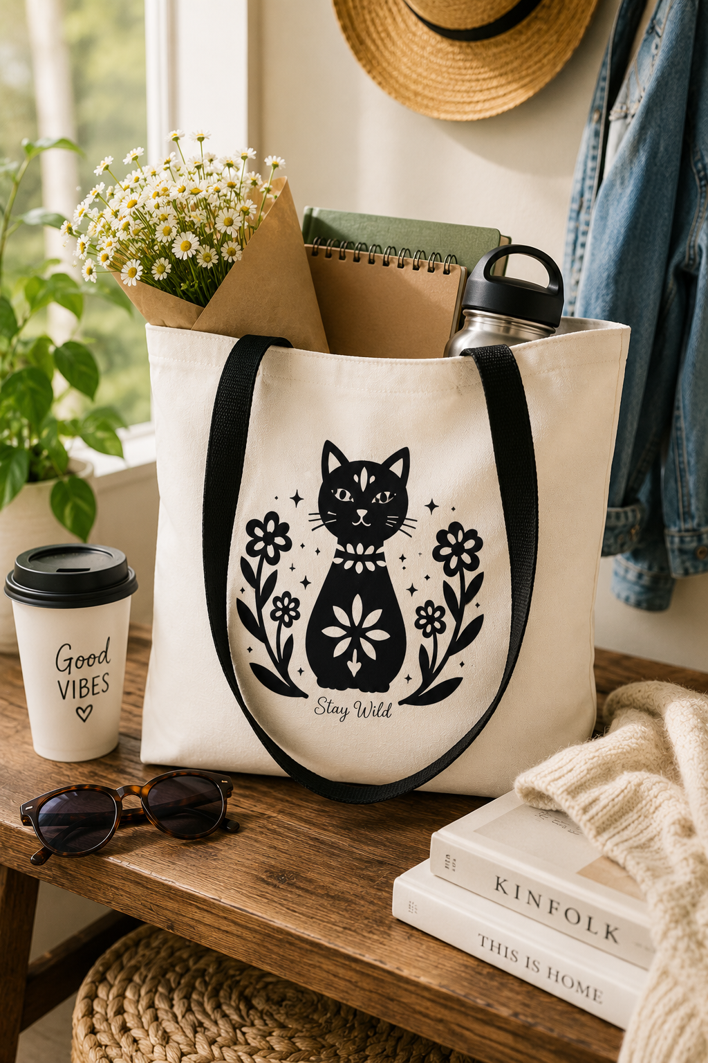 Stay Wild Cat Tote Bag | Cute Black Cat Canvas Tote