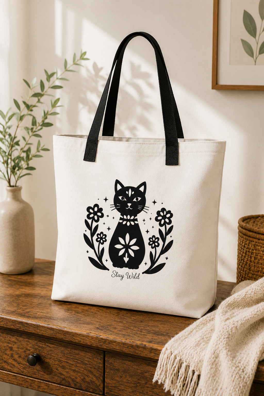 Stay Wild Cat Tote Bag | Cute Black Cat Canvas Tote