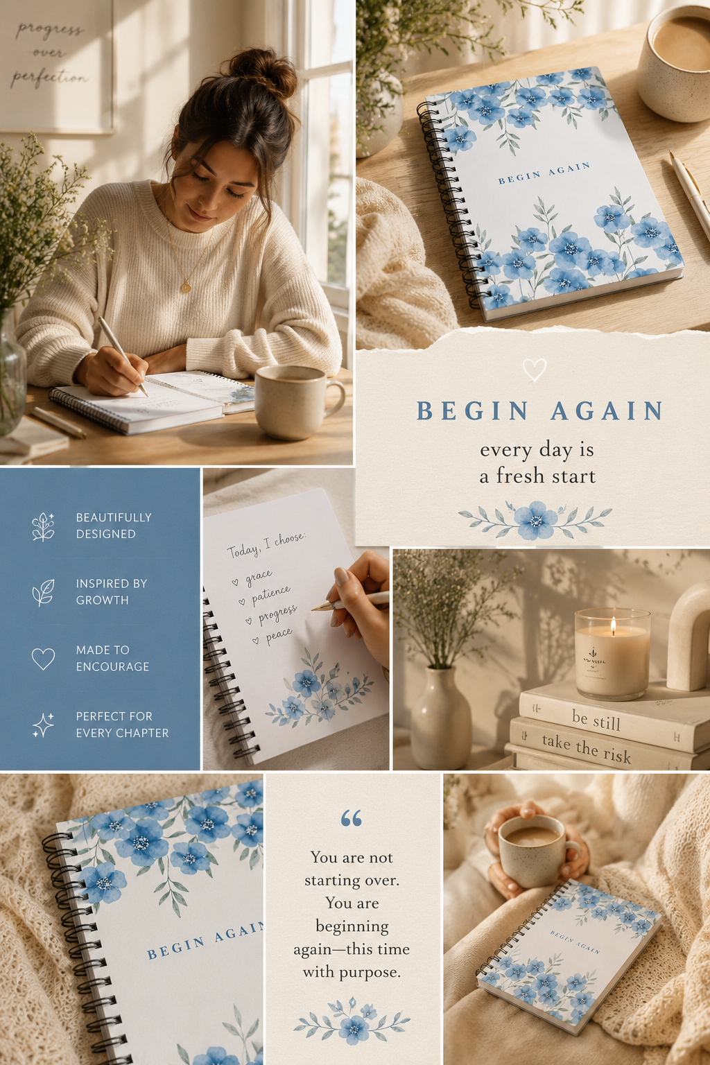 Begin Again Blue Floral Wire-Bound Notebook