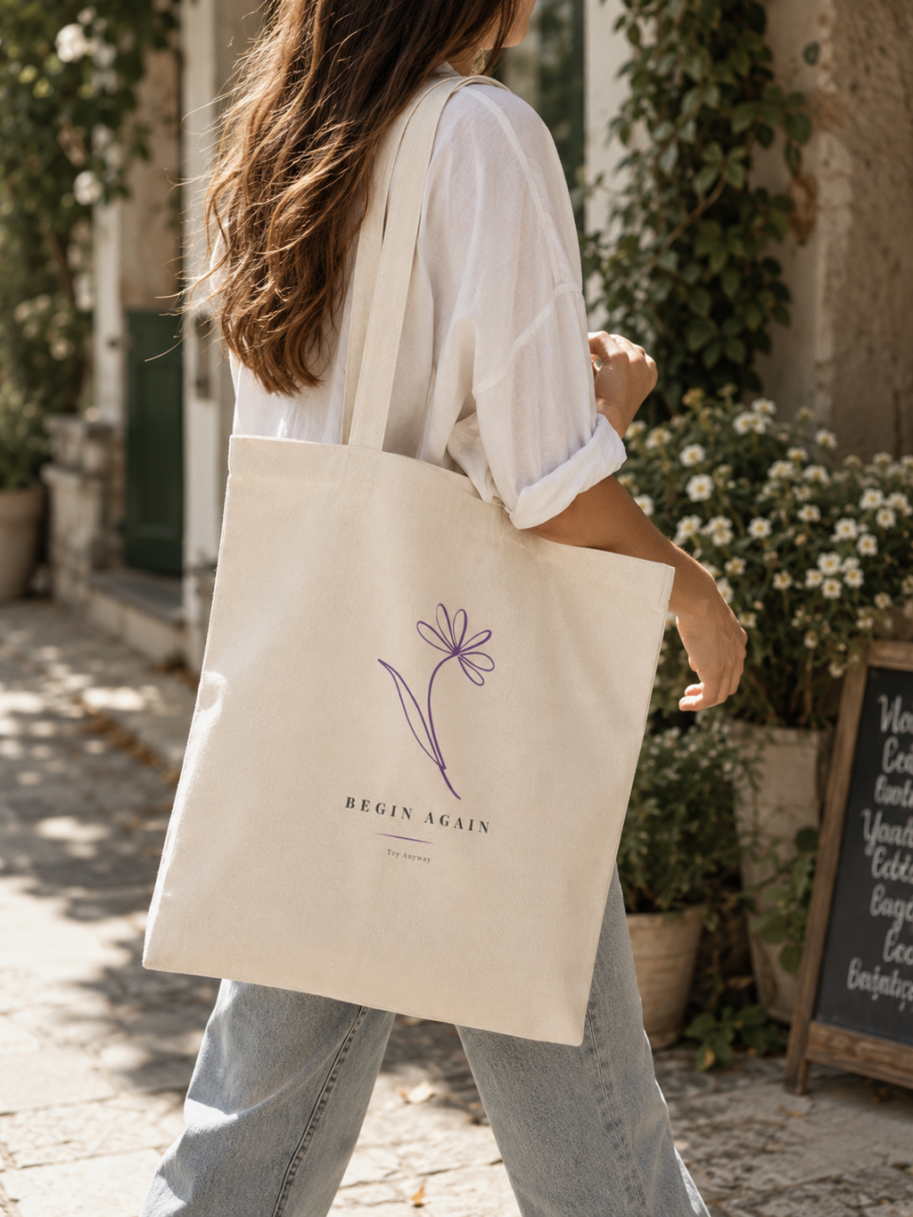 Begin Again Cotton Tote Bag | Minimalist Floral Tote for Everyday Essentials