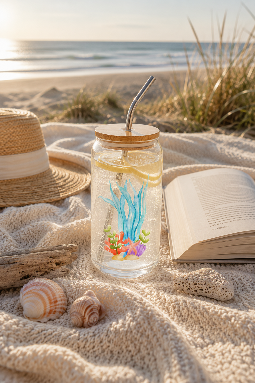 Coastal Tide Glass Can with Bamboo Lid & Straw