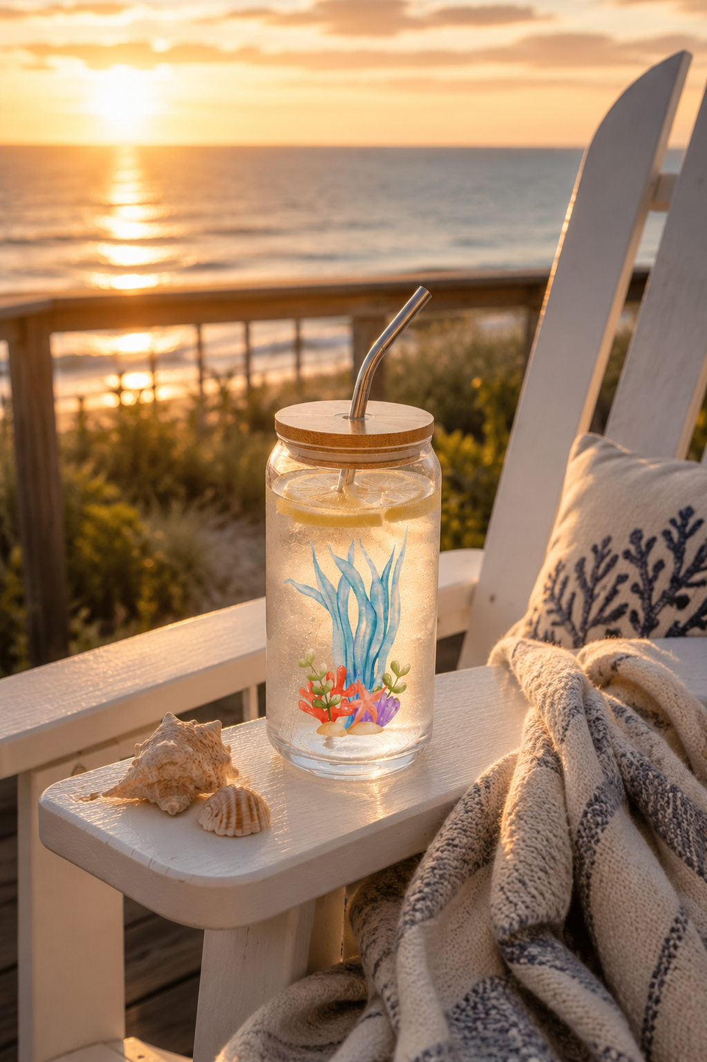 Coastal Tide Glass Can with Bamboo Lid & Straw