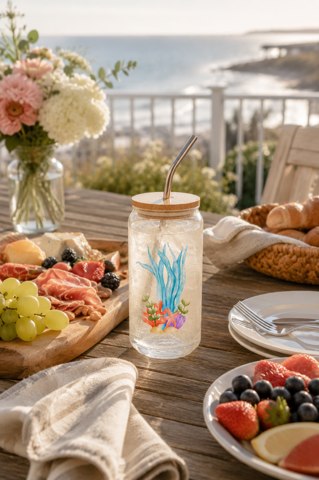 Coastal Tide Glass Can with Bamboo Lid & Straw