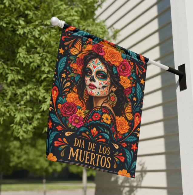 Dia de Los Muertos Garden Flag – Sugar Skull Woman Floral House Banner