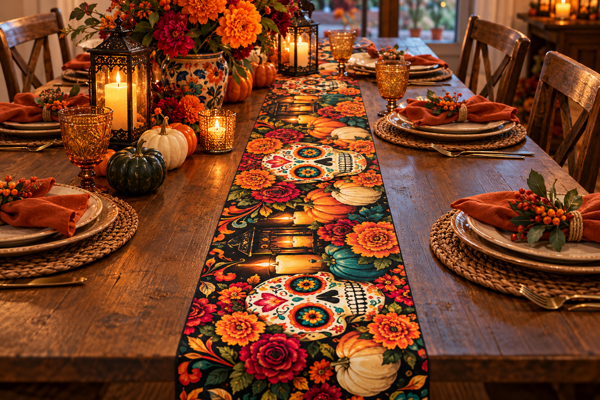 Dia de los Muertos Sugar Skull and Pumpkin Table Runner, Colorful Fall Dining Decor