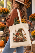 Autumn Gnome Canvas Tote Bag – Fall Mushrooms & Butterflies Market Tote