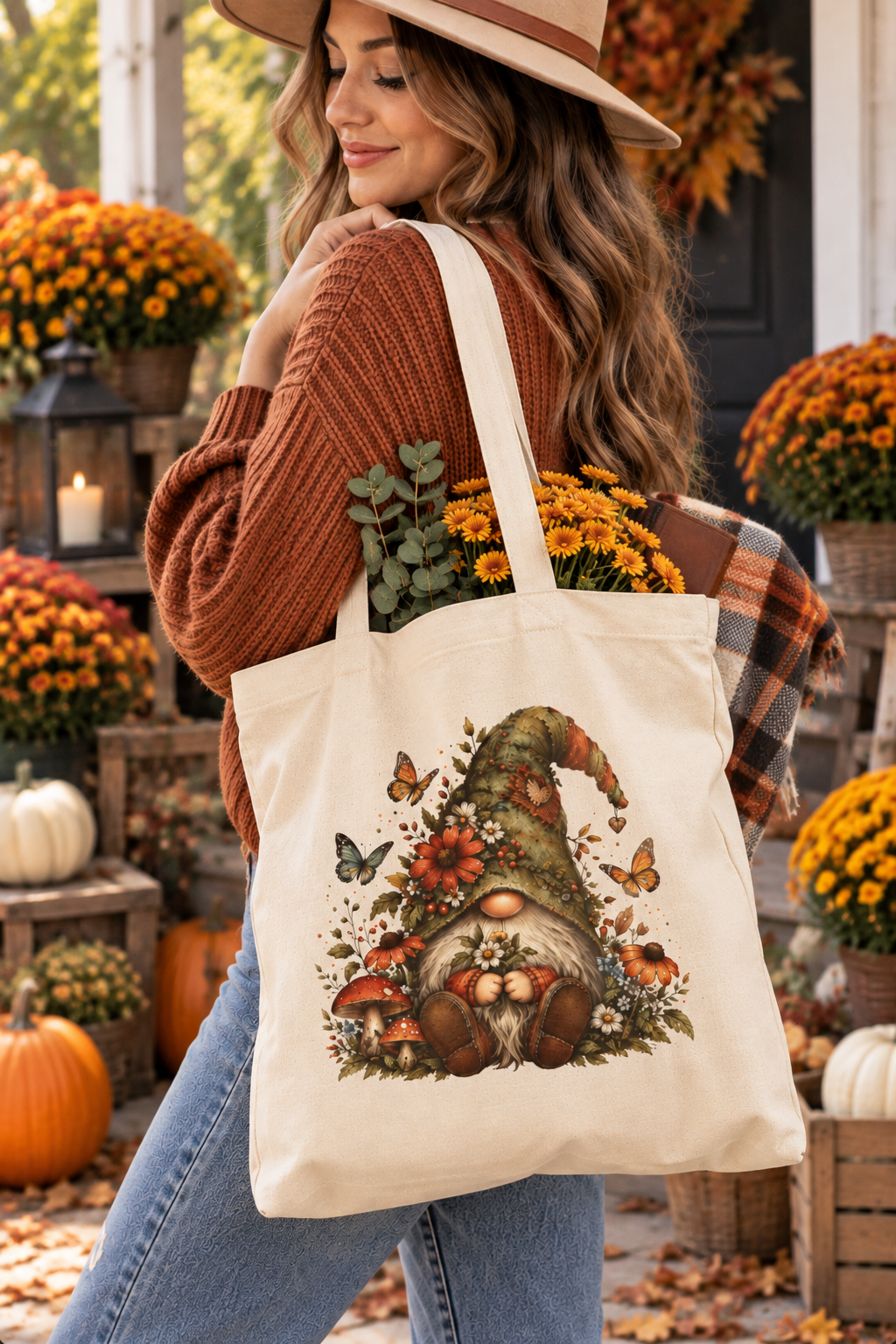 Autumn Gnome Canvas Tote Bag – Fall Mushrooms & Butterflies Market Tote