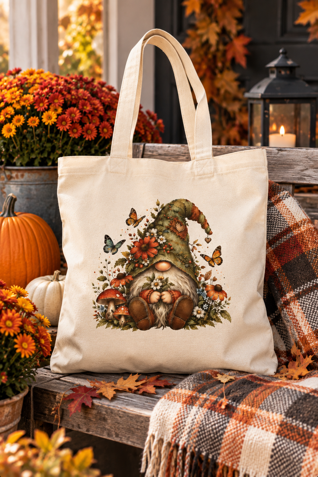 Autumn Gnome Canvas Tote Bag – Fall Mushrooms & Butterflies Market Tote