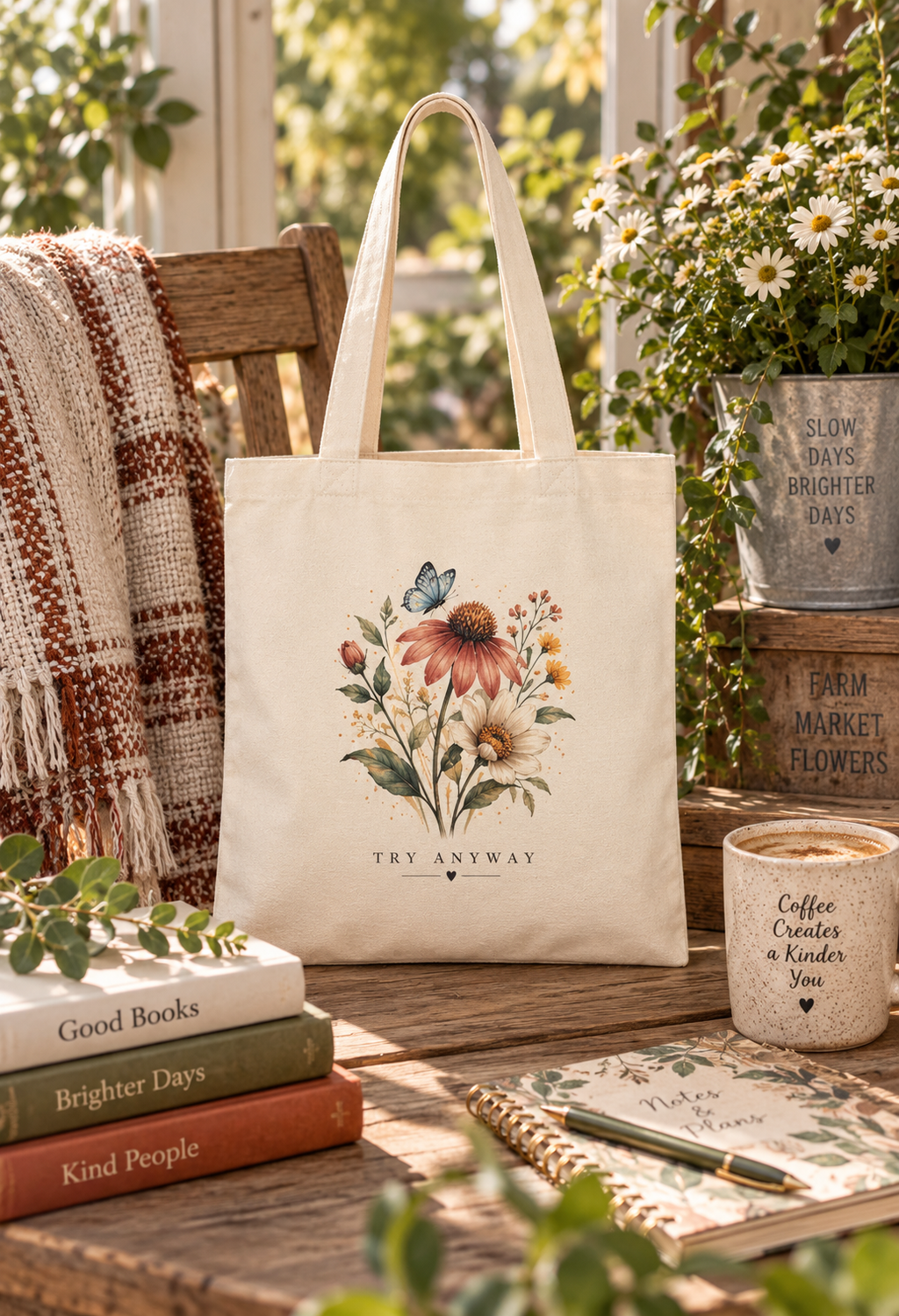 Try Anyway Floral Canvas Tote Bag – Watercolor Wildflower & Butterfly Design