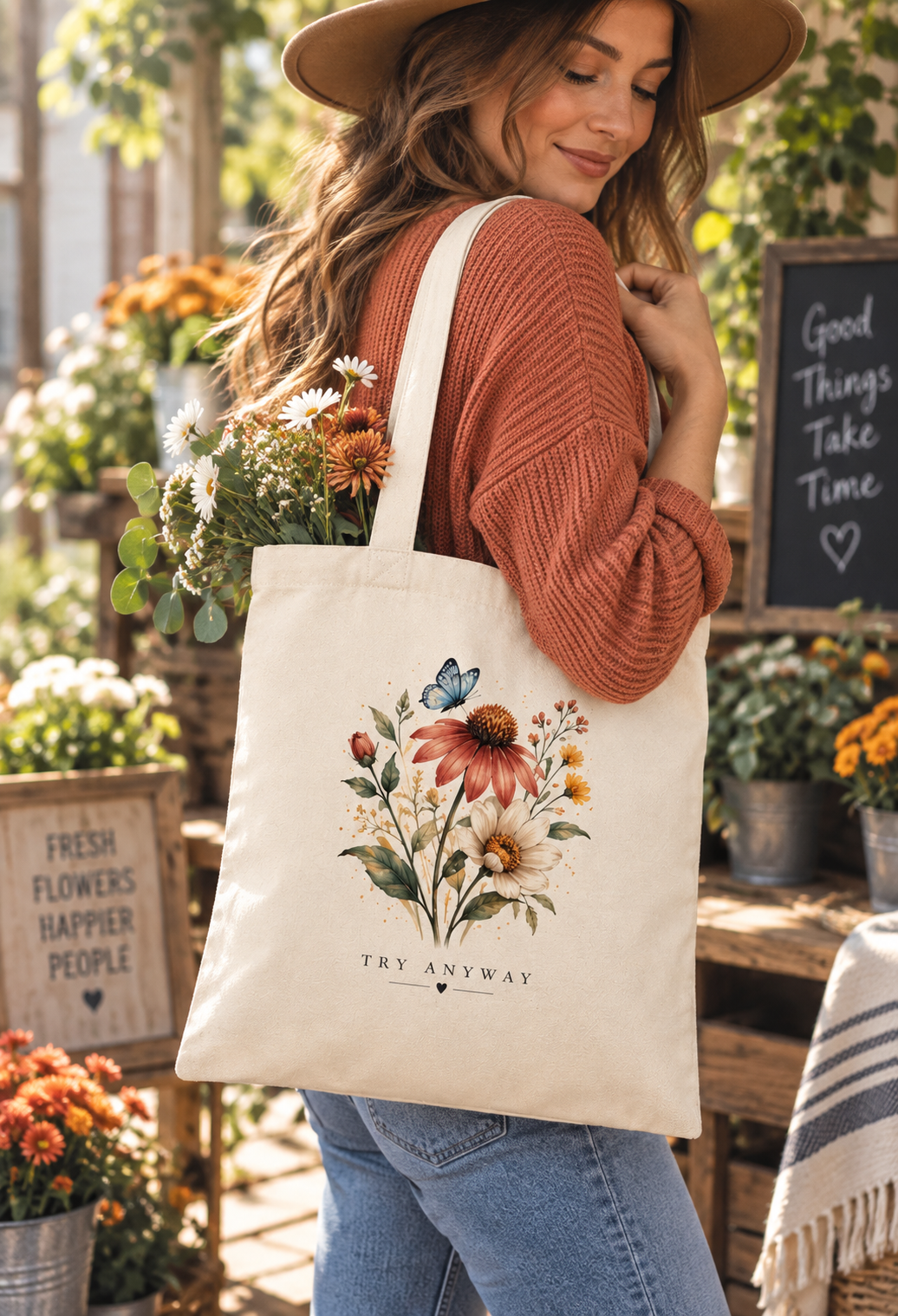 Try Anyway Floral Canvas Tote Bag – Watercolor Wildflower & Butterfly Design