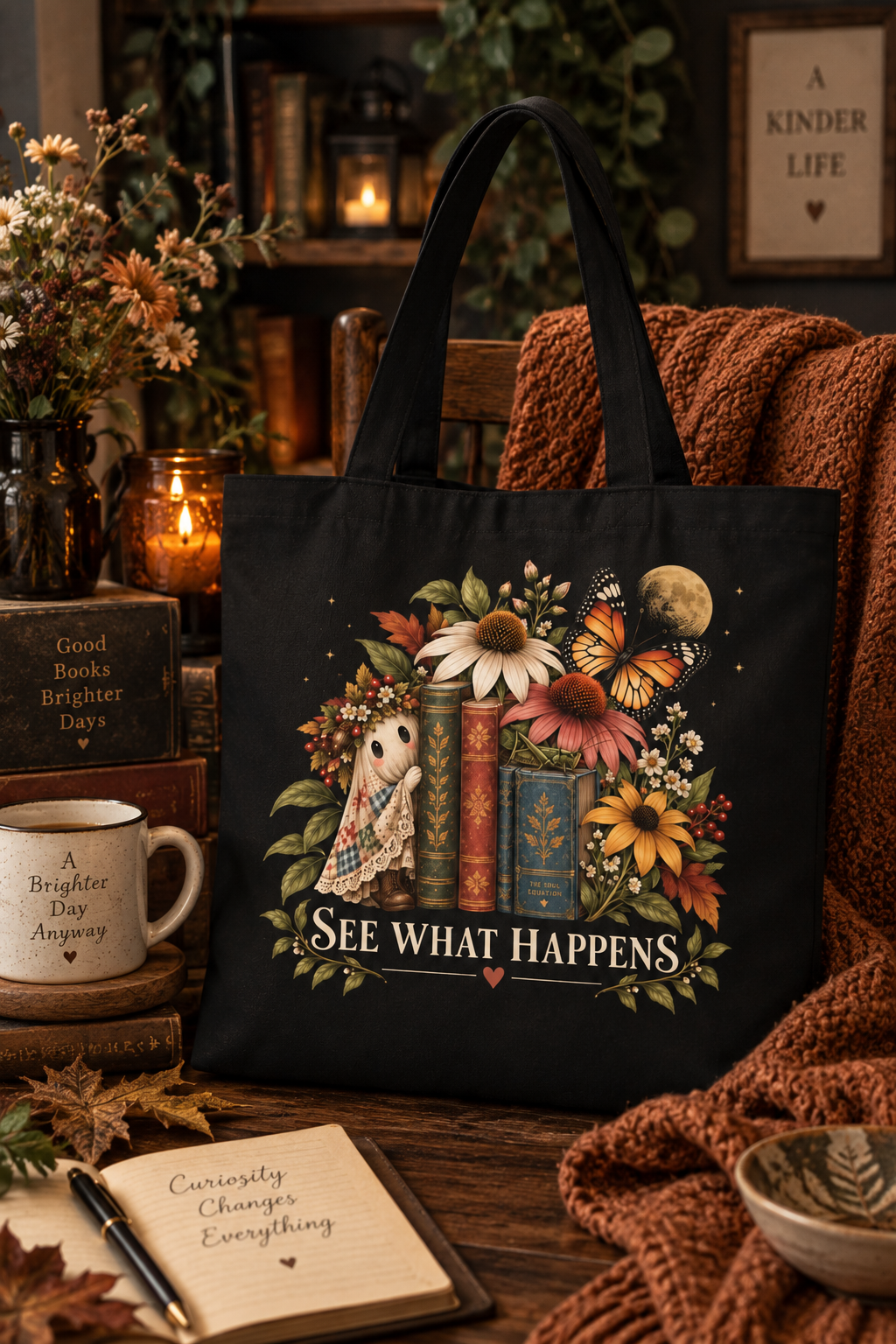 Tote Bag — Vintage Floral Books Design "See What Happens"