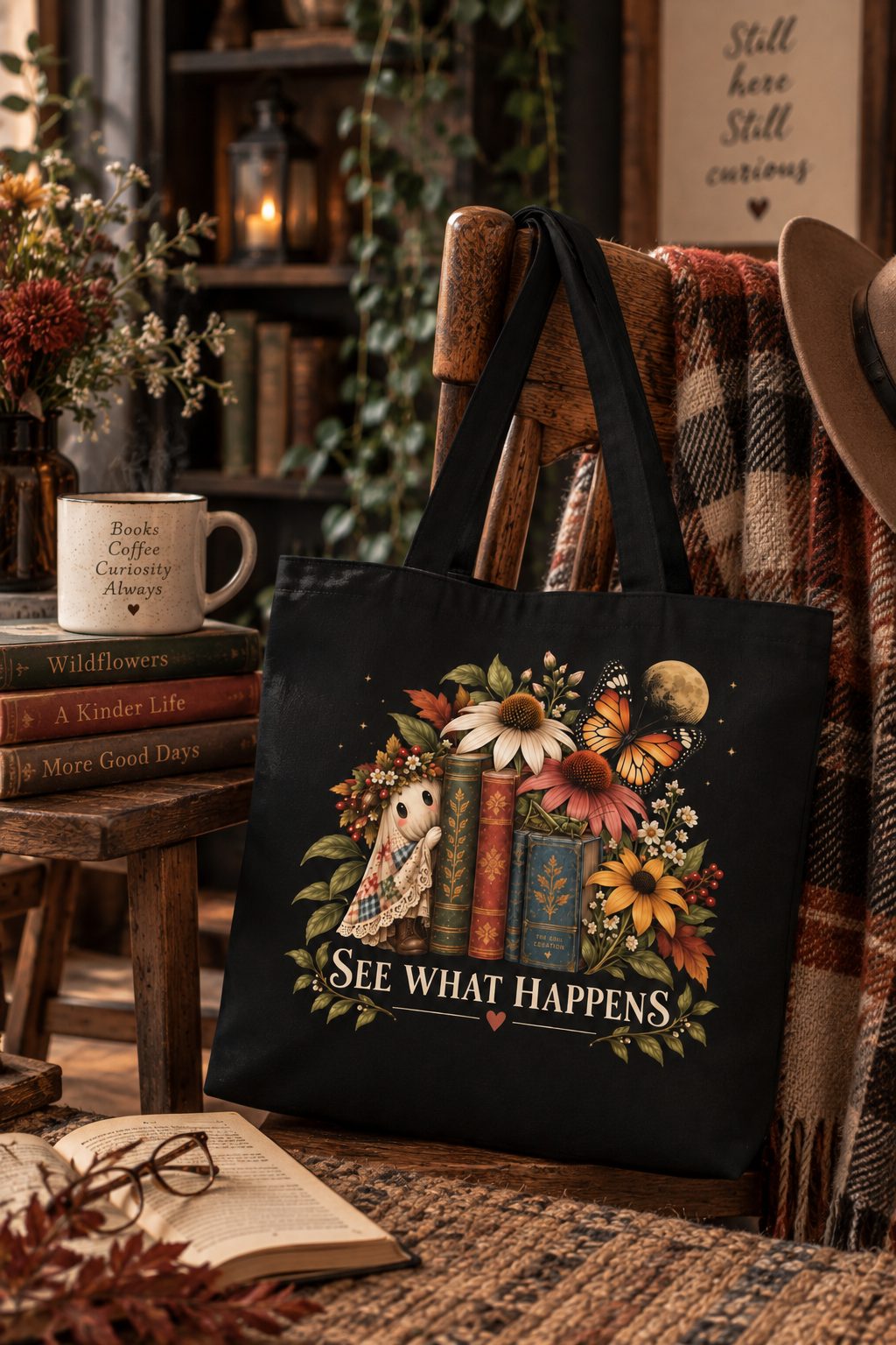 Tote Bag — Vintage Floral Books Design "See What Happens"