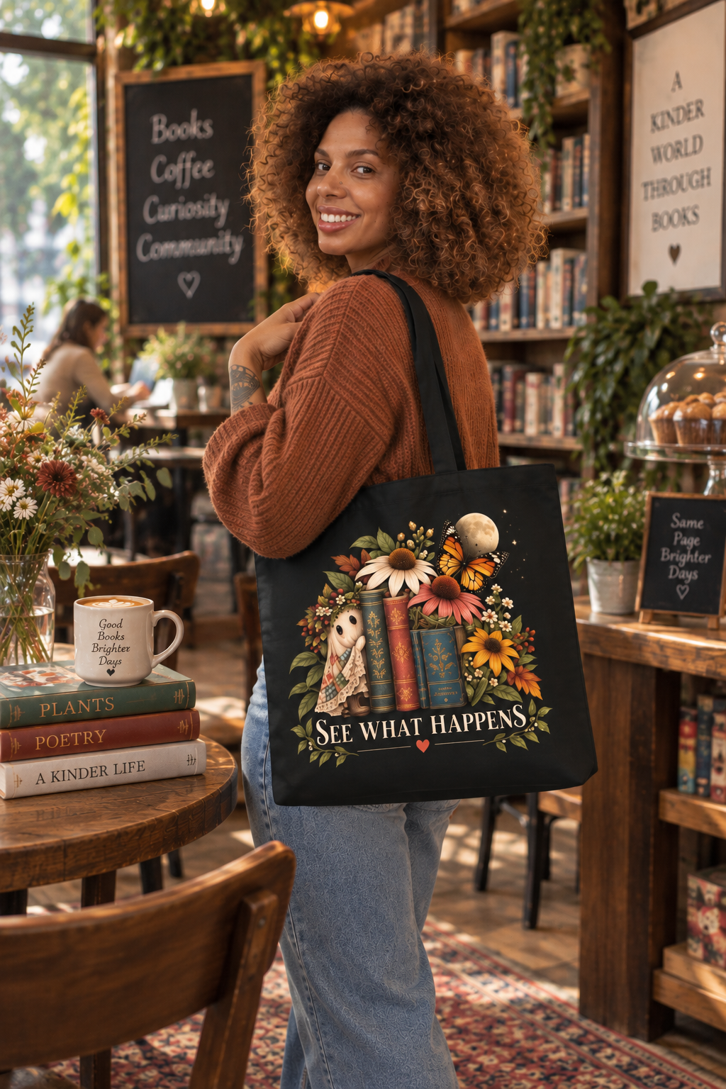 Tote Bag — Vintage Floral Books Design "See What Happens"