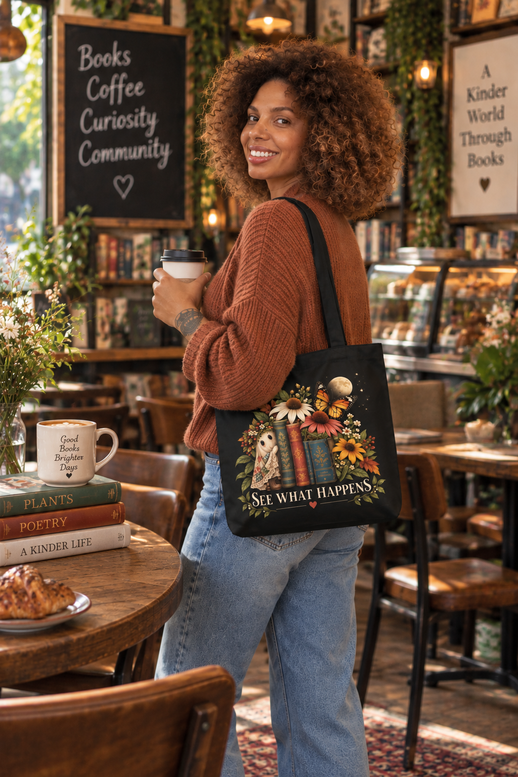 Tote Bag — Vintage Floral Books Design "See What Happens"