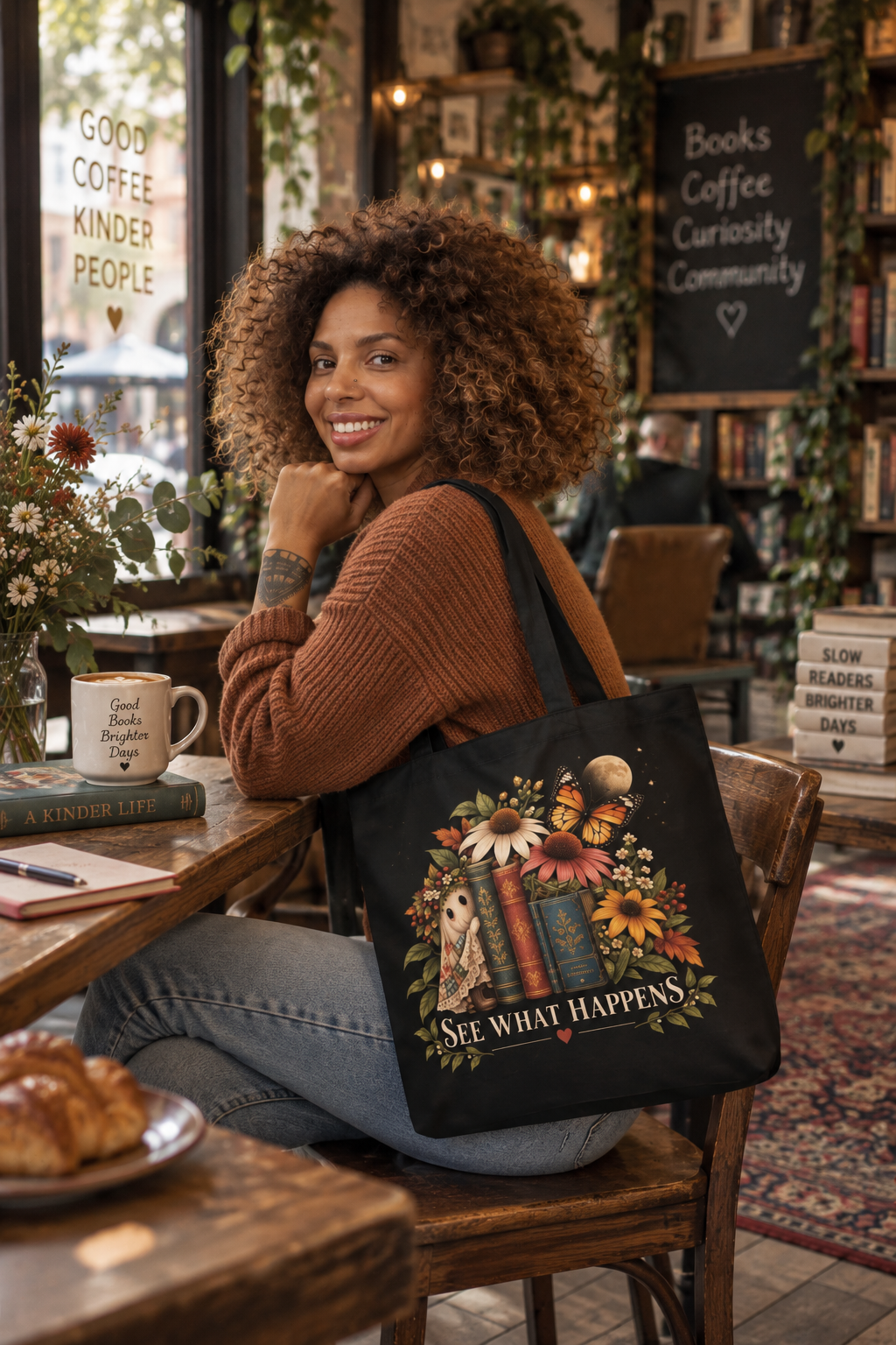 Tote Bag — Vintage Floral Books Design "See What Happens"