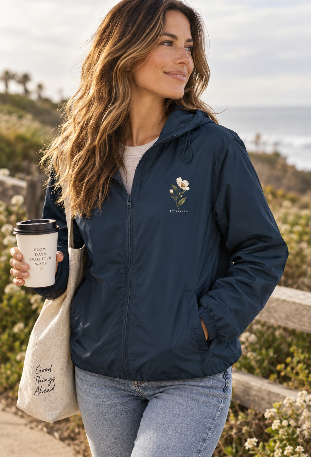 Embroidered Wildflower Windbreaker Jacket — Minimal White Camo Hooded Shell