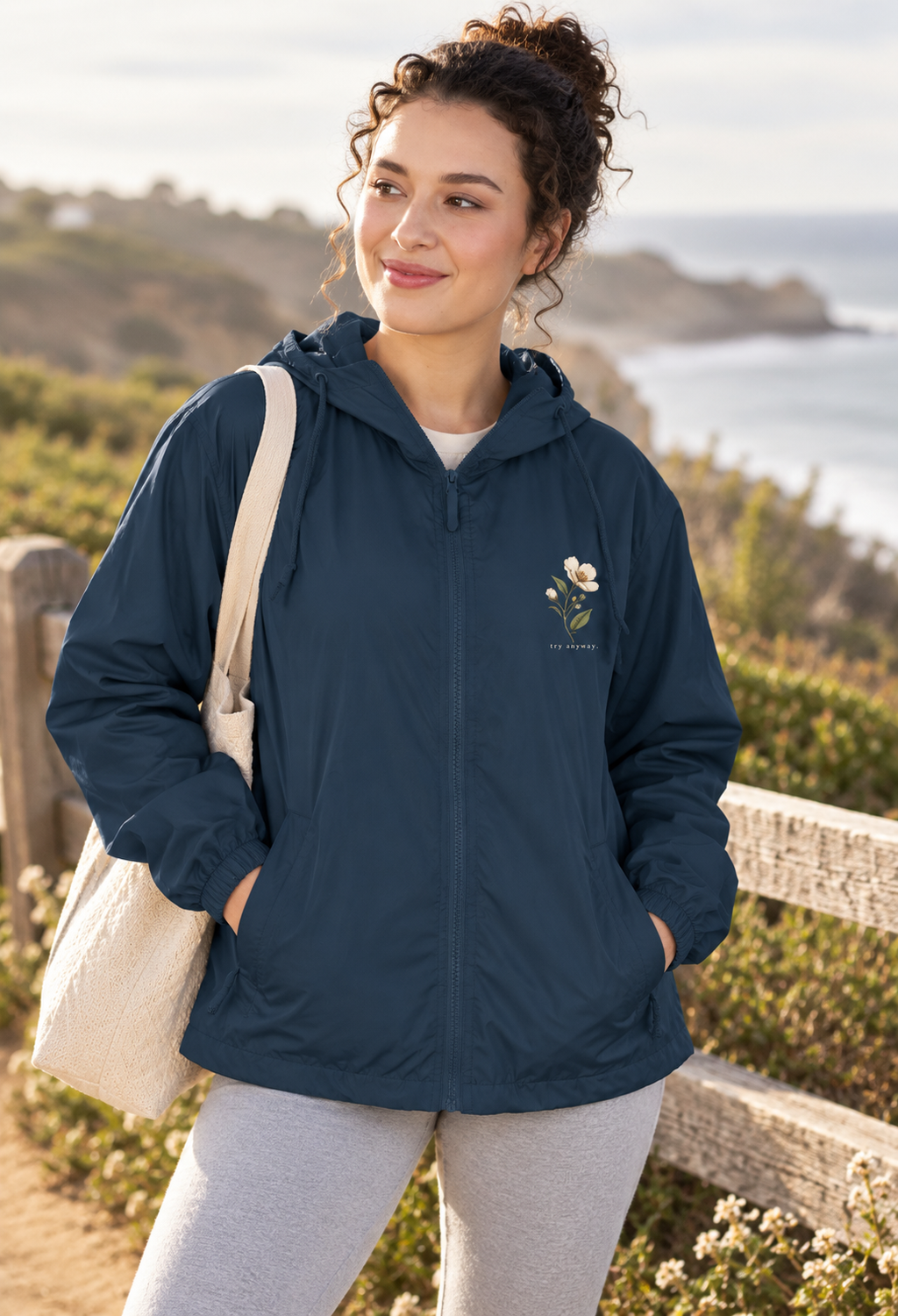 Embroidered Wildflower Windbreaker Jacket — Minimal White Camo Hooded Shell