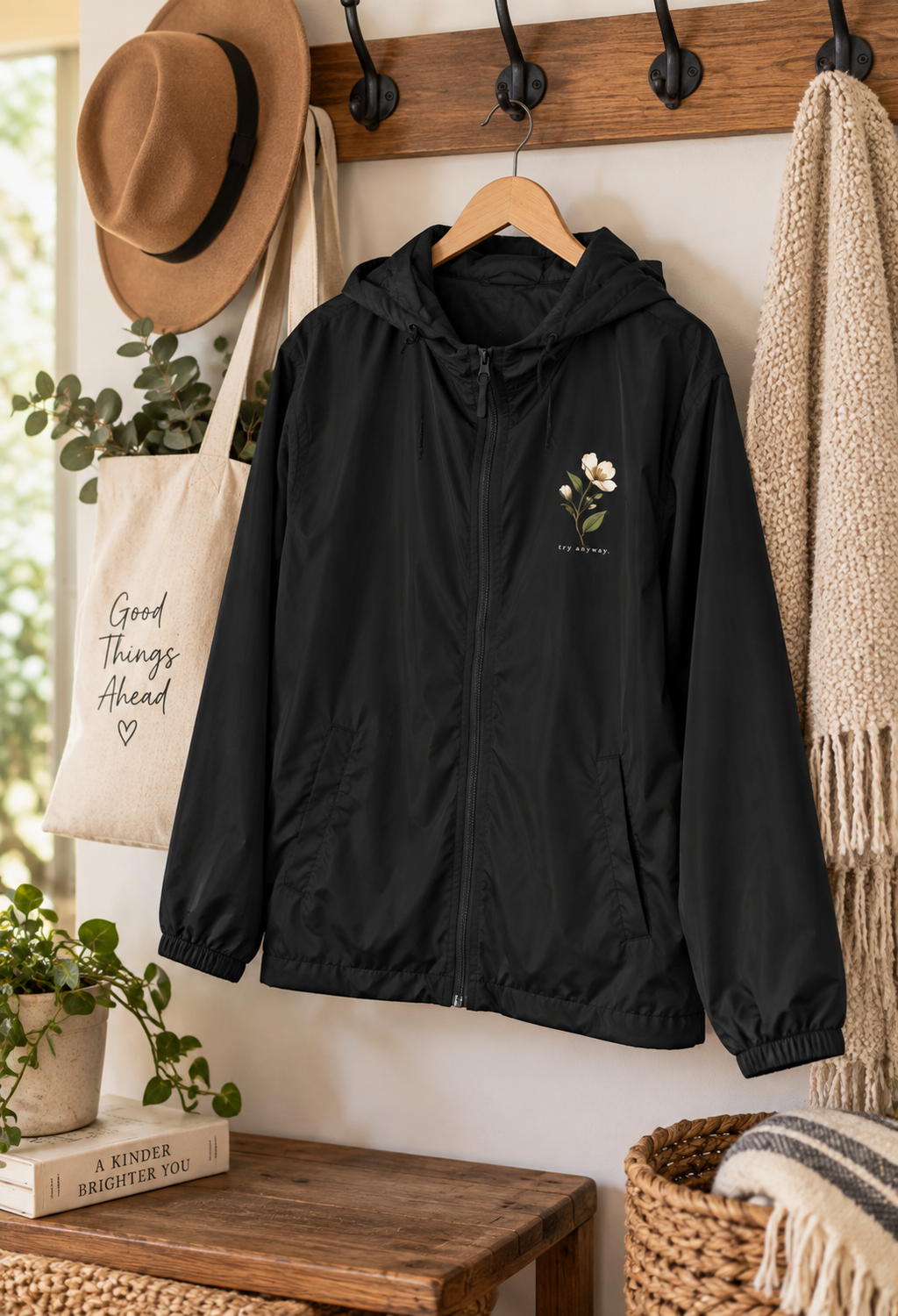 Embroidered Wildflower Windbreaker Jacket — Minimal White Camo Hooded Shell