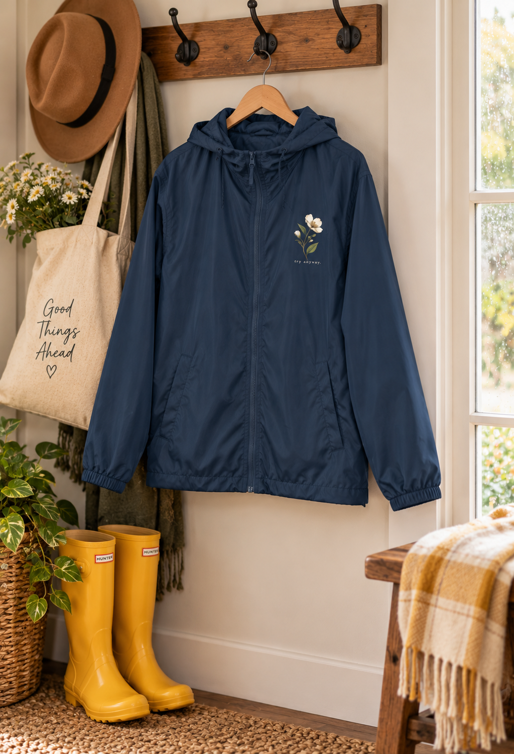 Embroidered Wildflower Windbreaker Jacket — Minimal White Camo Hooded Shell