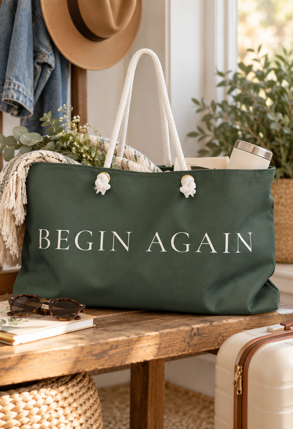 Sage Green Weekender Bag, Begin Again Overnight Travel Bag, Large Weekend Tote