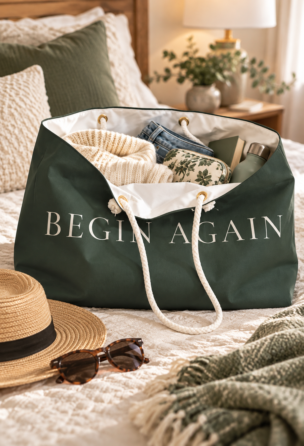 Sage Green Weekender Bag, Begin Again Overnight Travel Bag, Large Weekend Tote