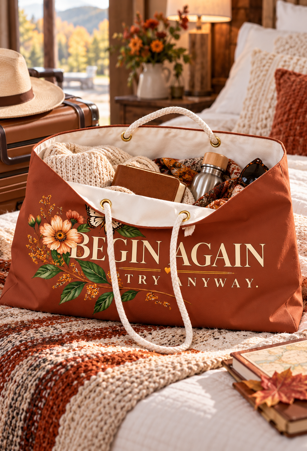 BEGIN AGAIN Floral Weekender Bag – Terracotta Travel Tote
