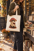 Mushroom Reader Tote Bag — Cute Fungi Cartoon Cotton Canvas Tote