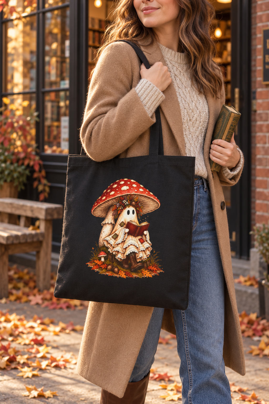 Mushroom Reader Tote Bag — Cute Fungi Cartoon Cotton Canvas Tote