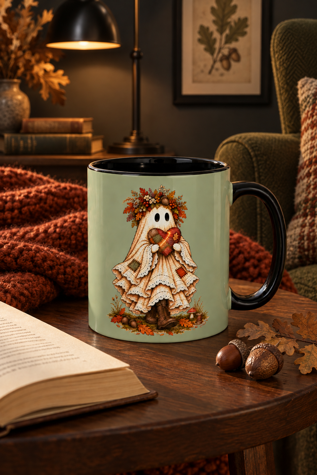 Autumn Ghost Accent Coffee Mug — Cute Halloween Fall Cozy Décor (11/15 oz)