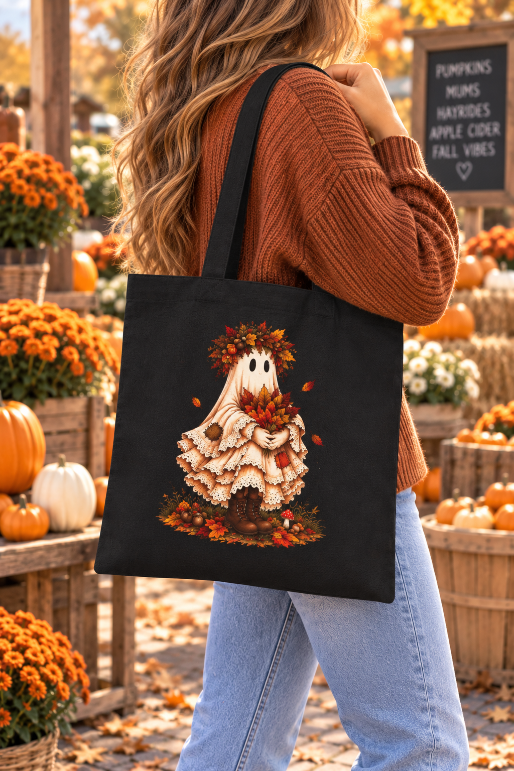 Wisp Autumn Ghost Canvas Tote Bag – Whimsical Cottagecore Fall Market Bag, Cute Woodland Ghost Book Tote