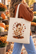 Autumn Ghost Girl Canvas Tote — Fall Leaves Trick-or-Treat Bag