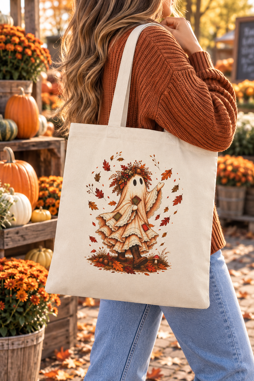 Autumn Ghost Girl Canvas Tote — Fall Leaves Trick-or-Treat Bag