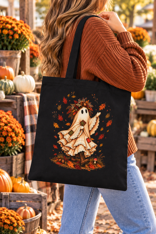 Autumn Ghost Girl Canvas Tote — Fall Leaves Trick-or-Treat Bag