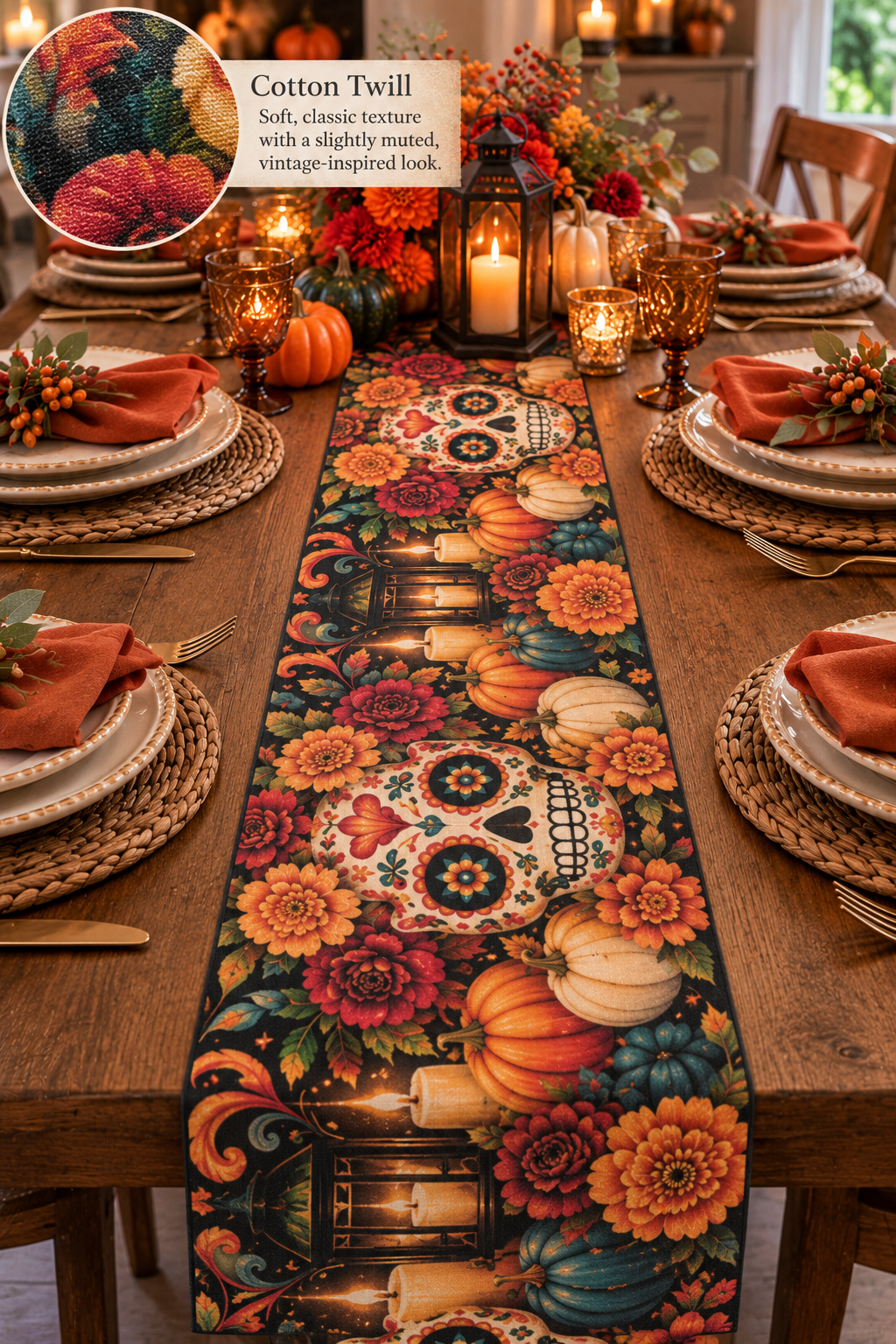 Dia de los Muertos Sugar Skull and Pumpkin Table Runner, Colorful Fall Dining Decor