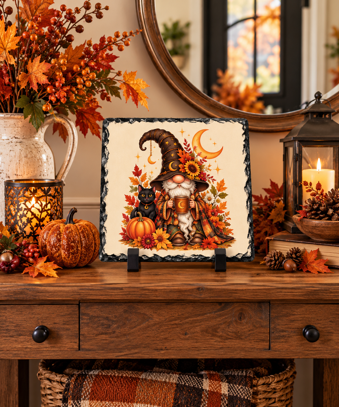 Fall Witch Gnome & Black Cat Slate Plaque