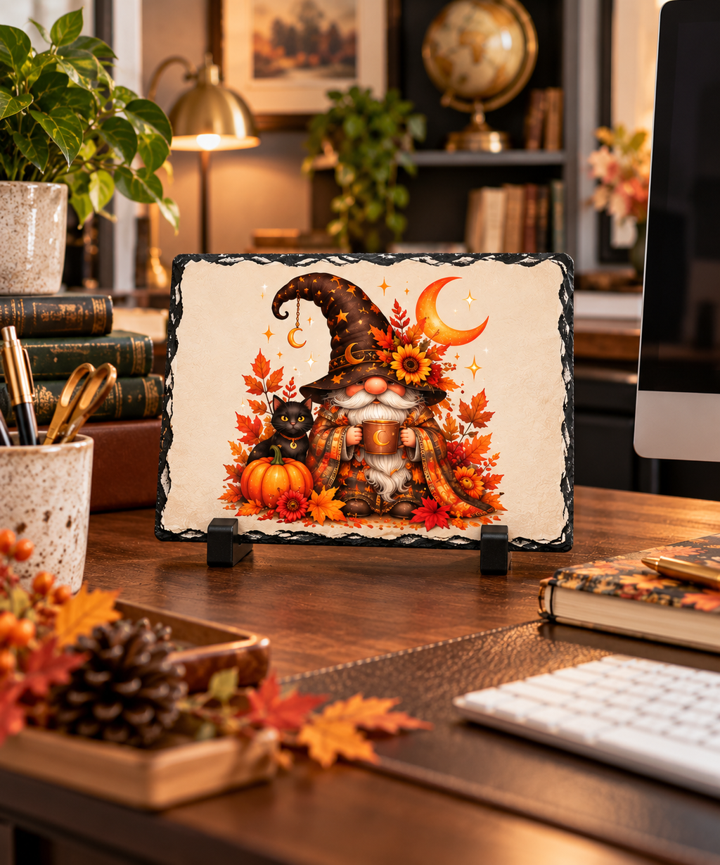 Fall Witch Gnome & Black Cat Slate Plaque
