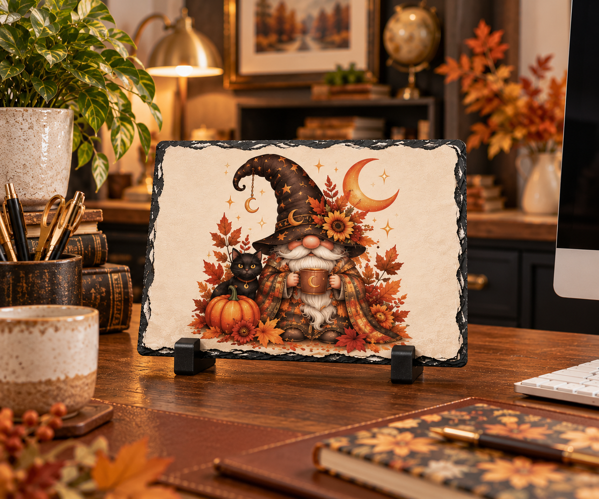Fall Witch Gnome & Black Cat Slate Plaque