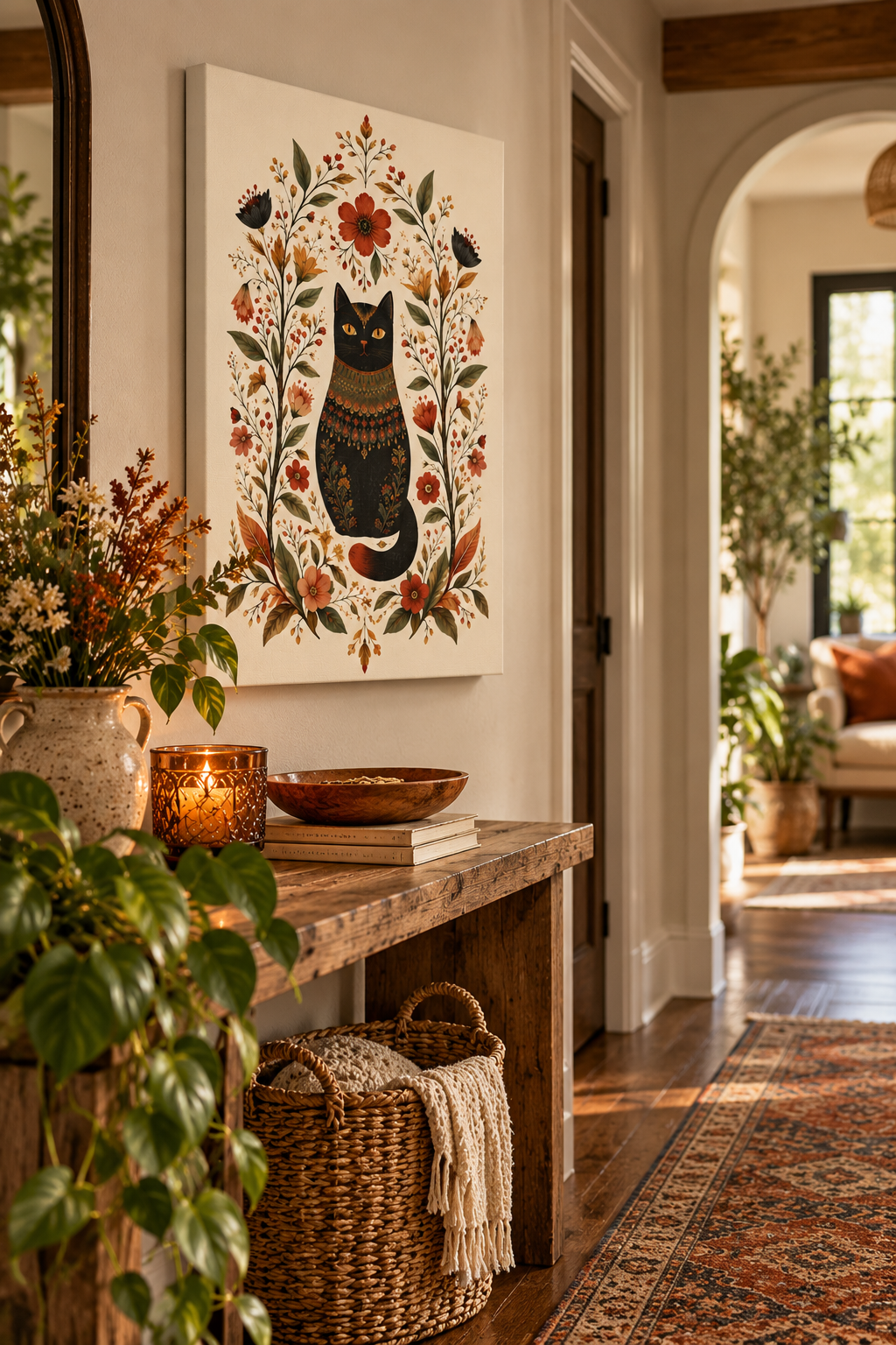 Boho Black Cat Canvas Wall Art – Vintage Floral Folk Art