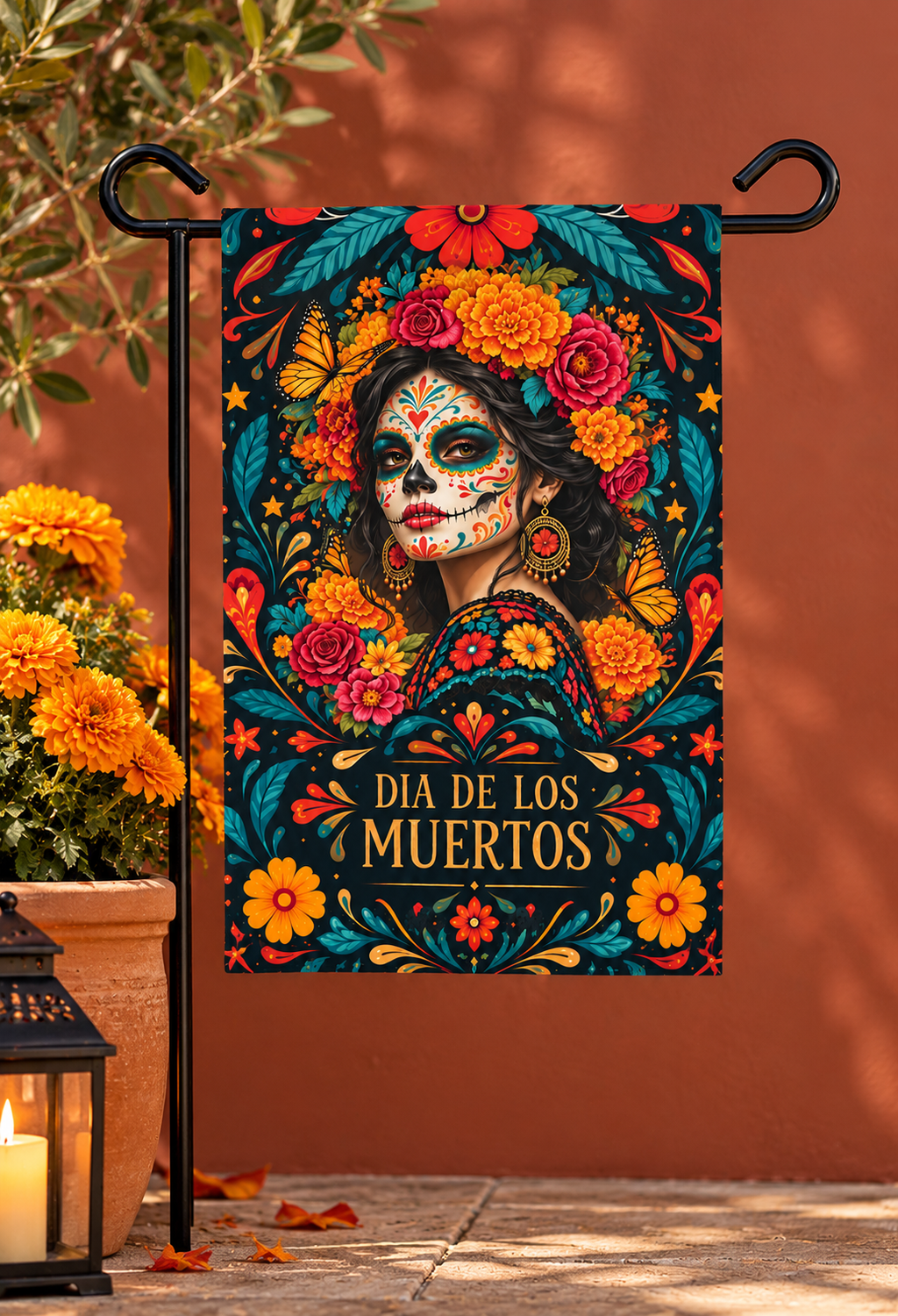Dia de Los Muertos Garden Flag – Sugar Skull Woman Floral House Banner