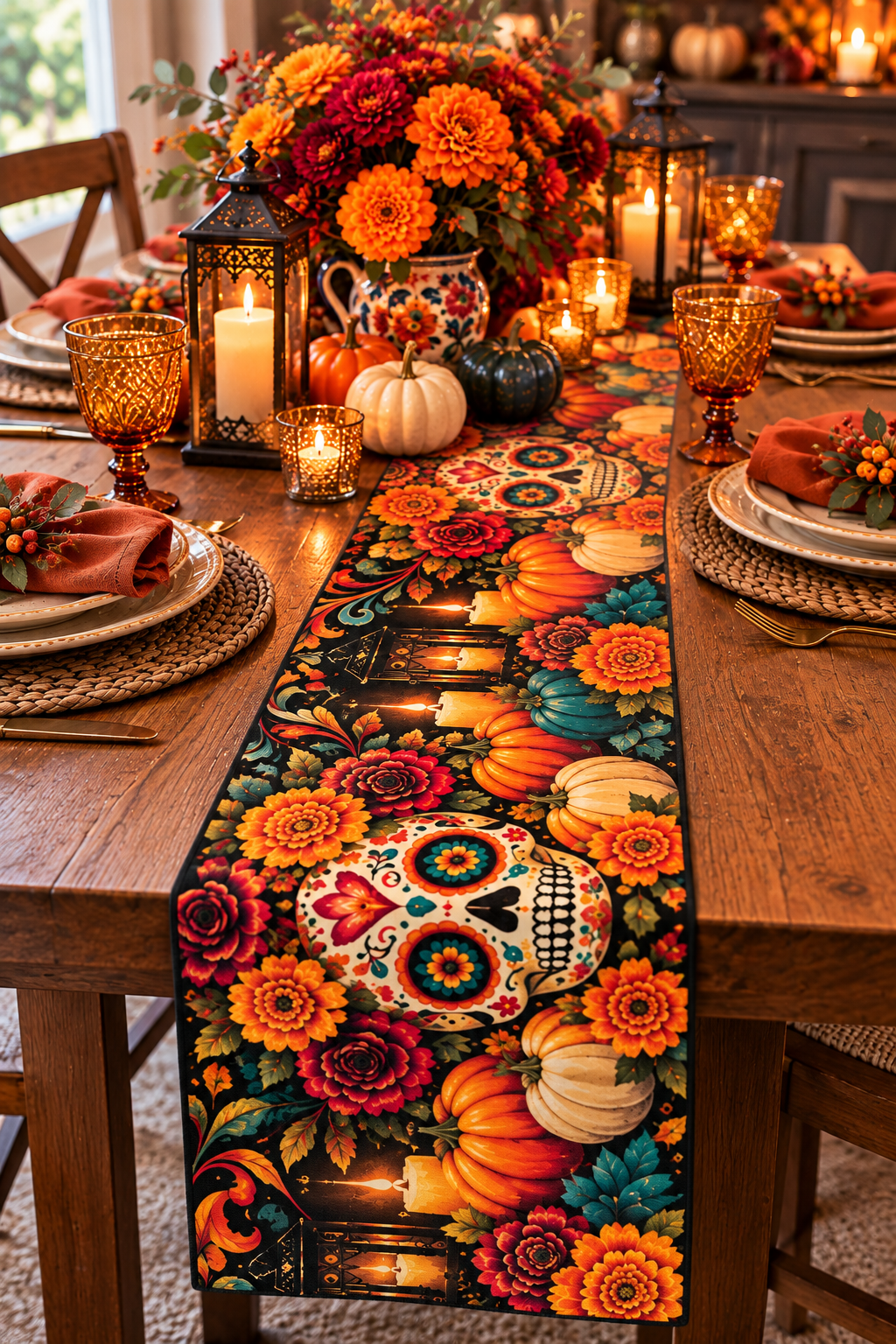 Dia de los Muertos Sugar Skull and Pumpkin Table Runner, Colorful Fall Dining Decor