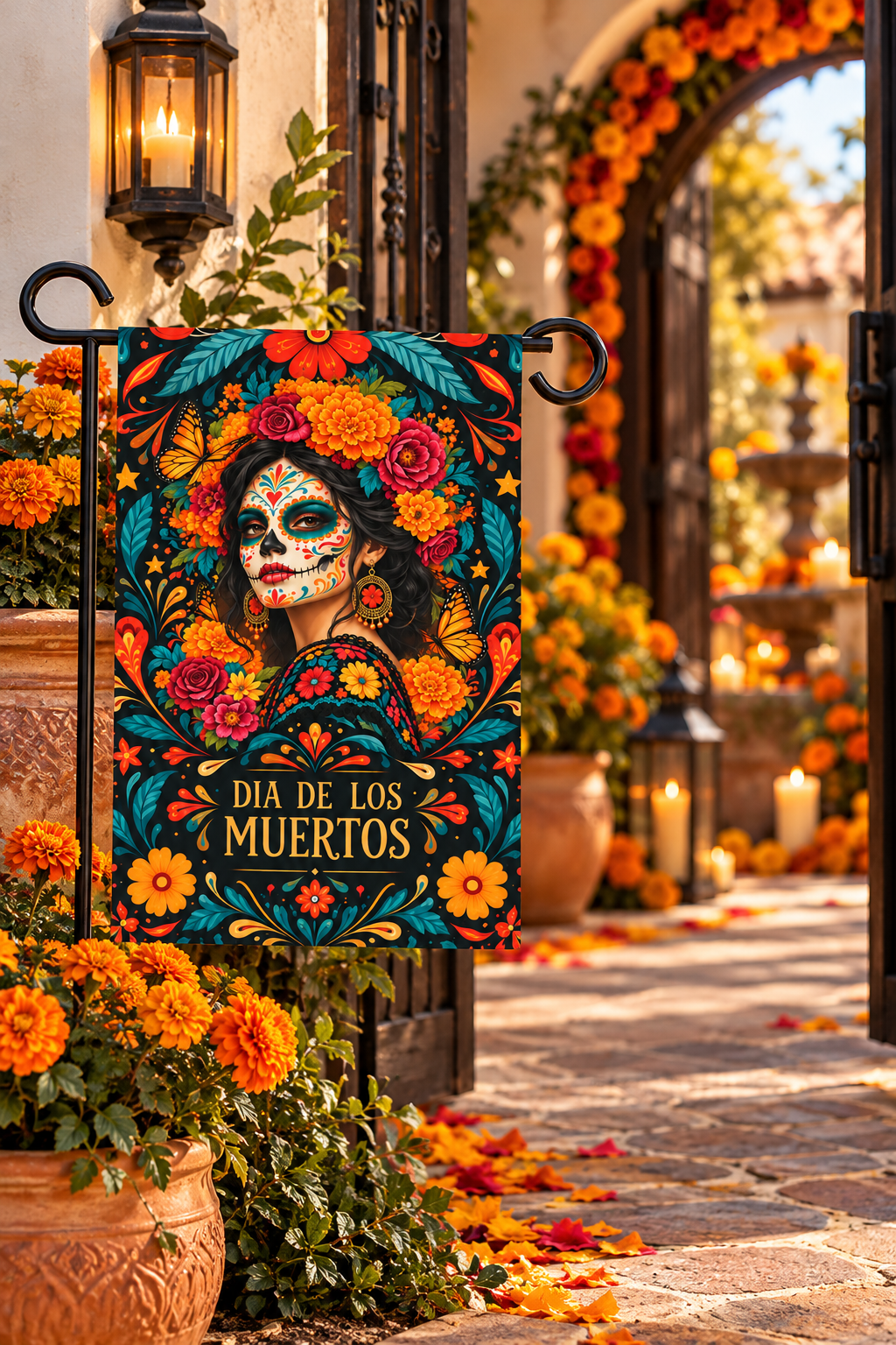 Dia de Los Muertos Garden Flag – Sugar Skull Woman Floral House Banner