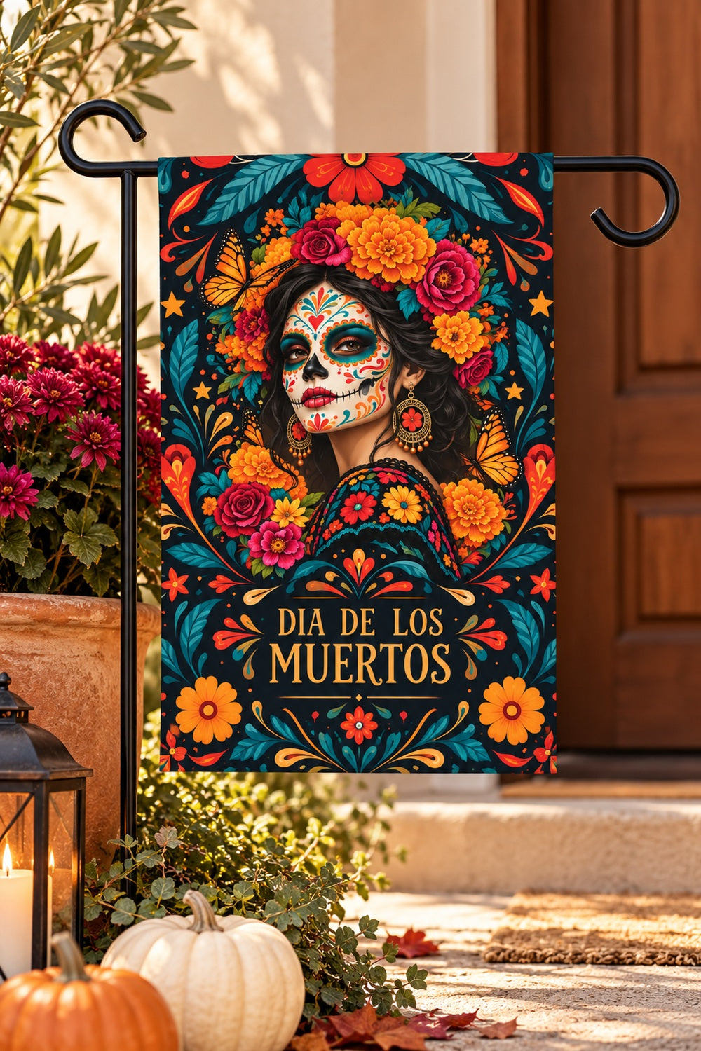 Dia de Los Muertos Garden Flag – Sugar Skull Woman Floral House Banner