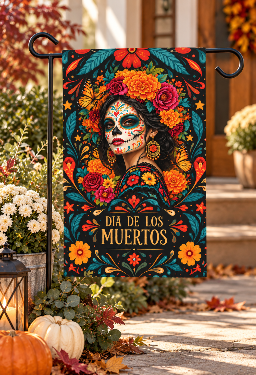 Dia de Los Muertos Garden Flag – Sugar Skull Woman Floral House Banner