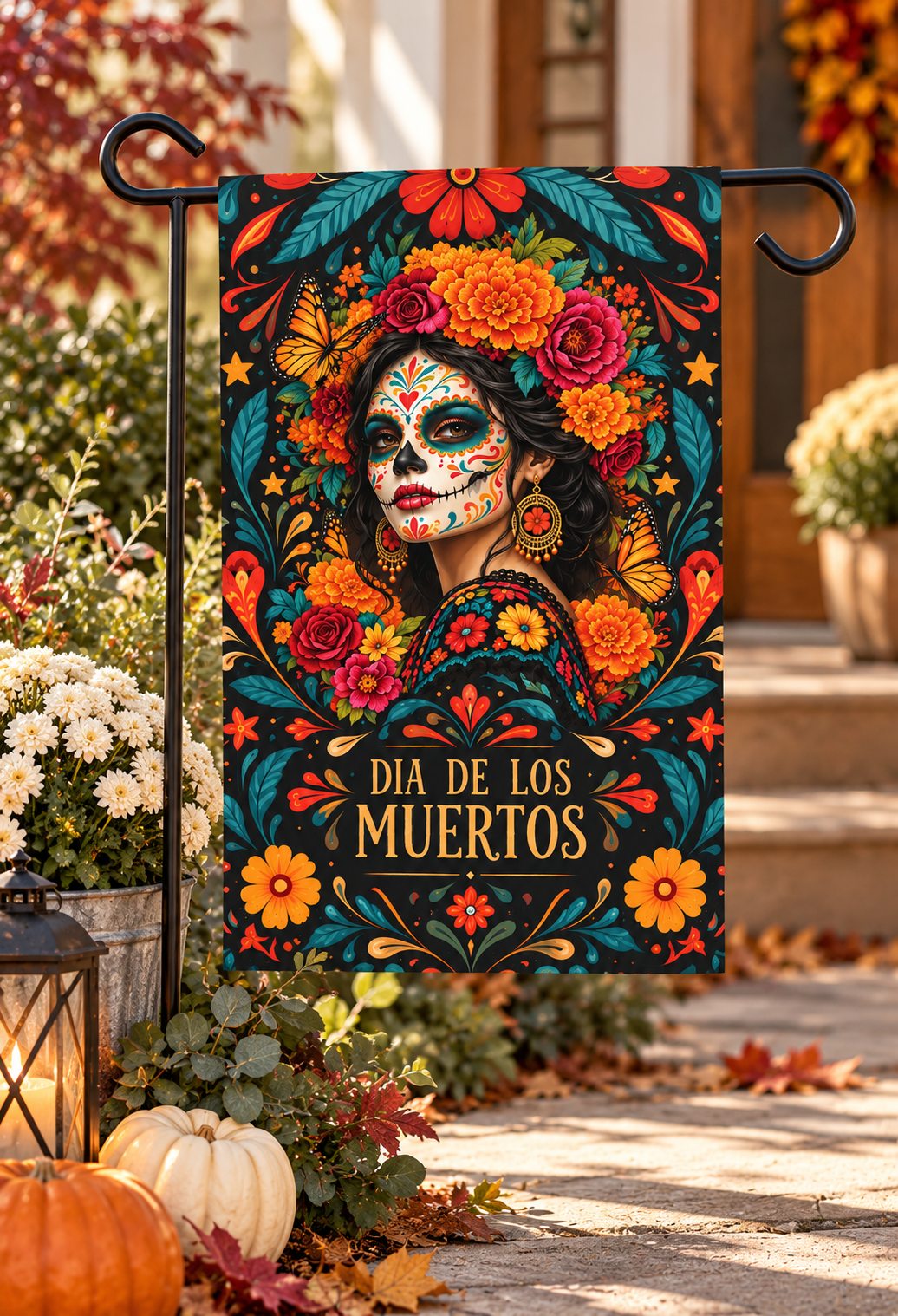 Dia de Los Muertos Garden Flag – Sugar Skull Woman Floral House Banner