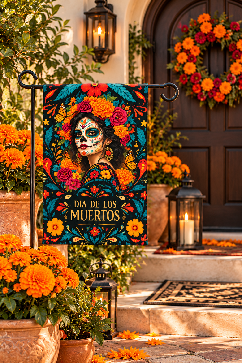 Dia de Los Muertos Garden Flag – Sugar Skull Woman Floral House Banner