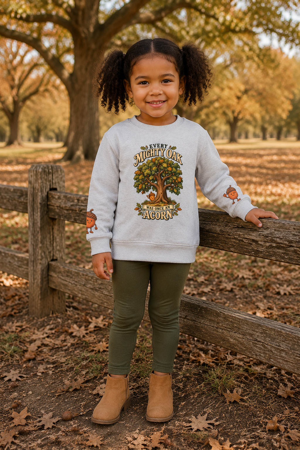 A young girl with dark curly pigtails stands outdoors in a wooded park setting wearing a light gray crewneck sweatshirt with a 'Every Night Owl Becomes an Auburn' tree graphic, olive green leggings, and tan ankle boots.