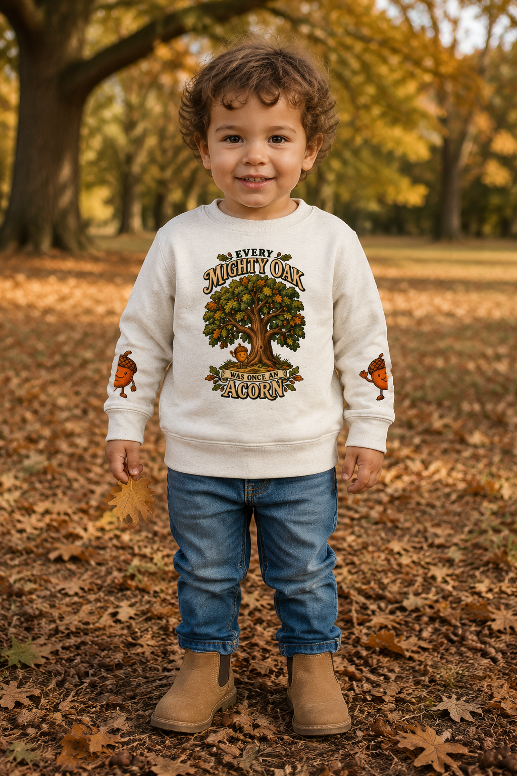 A young child standing outdoors in a park wearing a cream sweatshirt with a 'Mighty Oak' tree graphic, blue jeans, and tan boots on a ground covered in fallen leaves.