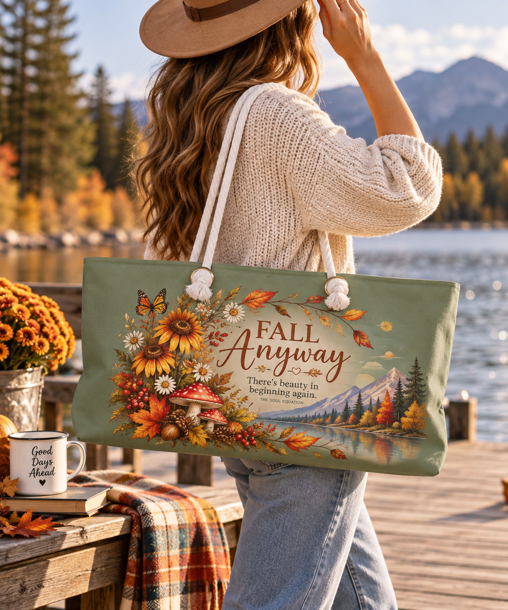 Fall Anyway sage green weekender bag with autumn botanical artwork carried by a woman in a cream sweater beside a scenic mountain lake.